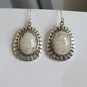 Vintage Boho Natural Oval Gemstone Sterling Silver Chunky Drop Dangle Earrings